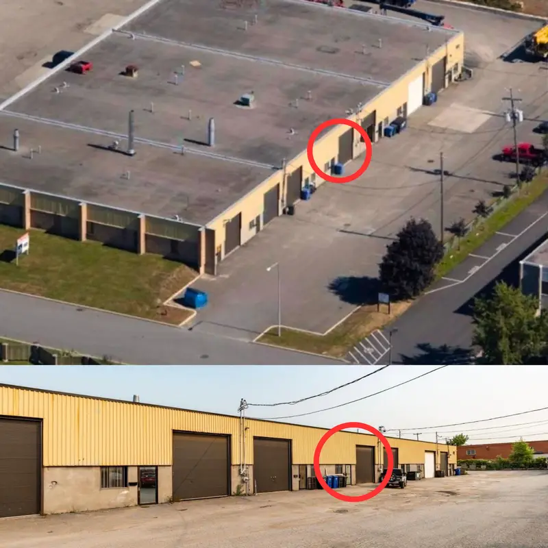 Bâtiment du garage Auto Vanadium vu du ciel et de face, rue Le Breton à Longueuil, avec l’atelier encerclé en rouge